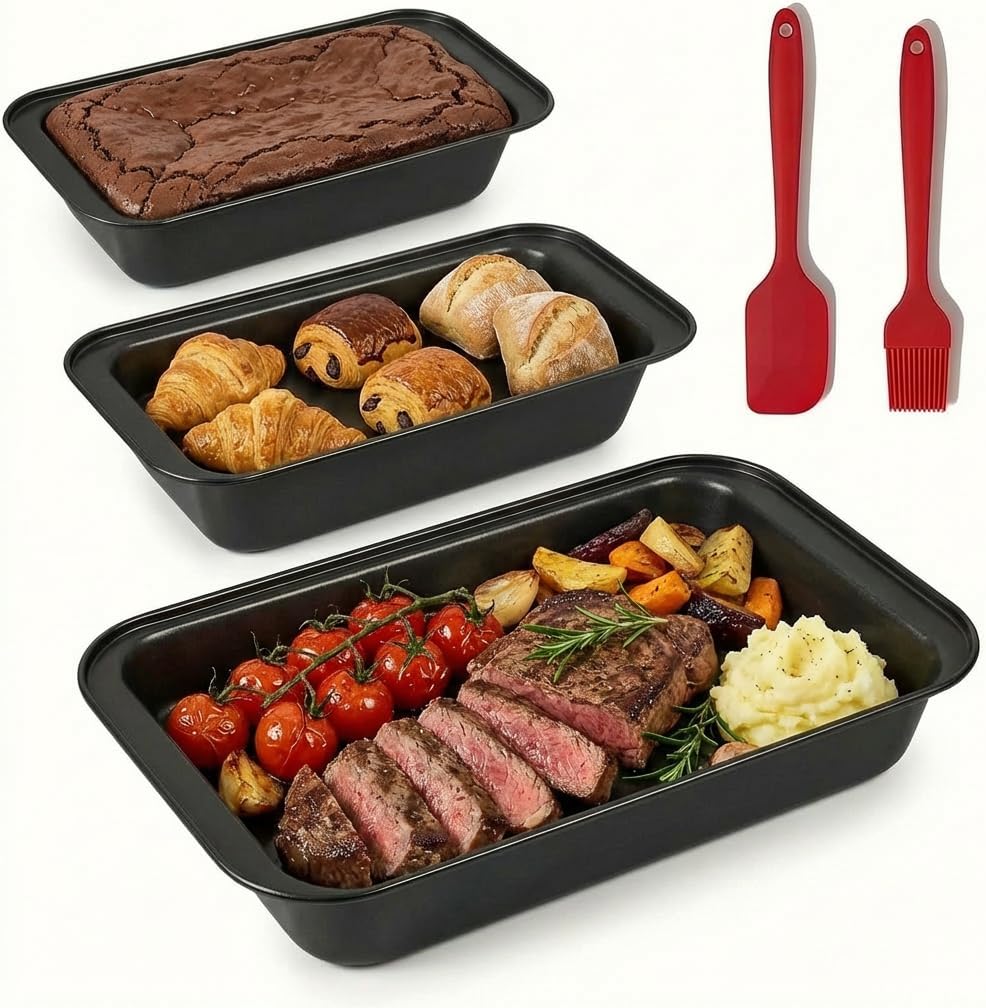 3 Piece Set Baking Pans Set, Rectangle Bakeware, Stackable Depth Bakeware, Nonstick Baking Sheets, Rust & Warp Resistant, Easy Clean
