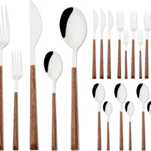 Korean Style Wood Flatware Stainless Steel Fork/Spoon/Knife/Teaspoon with Wooden Square Handle Cutlery Set of 4 Dinnerware for Home, Kitchen, Restaurant, Gift - Silver