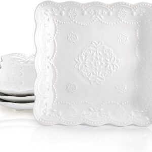 Set of 4 Square Embossed Ceramic Plate, 10 Inch Elegant Dinner Plates Ivory White, Appetizer Salad Serving Plates Kitchen Plates for Christmas Afternoon Tea Banquet Wedding Party Steak Pasta