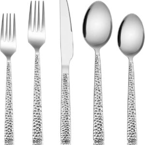 Hammered Silverware Set, 40-Piece Stainless Steel Square Flatware Set for 8, Metal Tableware Cutlery Set Includes Dinner Knives/Forks/Spoons, Modern Design & Mirror Polished - Dishwasher Safe