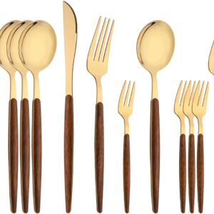 16-Piece Silverware Set with Cake Fork, Gold Stainless Steel Flatware Cutlery Set, Eating Utensils Set with Wooden effect Handle, Include Knife Fork Spoon, Mirror Polished, Dishwasher Safe