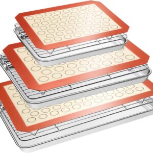 Baking Sheet Tray Cooling Rack with Silicone Baking Mat Set, Stainless Steel Cookie Pan For Oven, Set of 9 (3 Sheets + 3 Racks + 3 Mats), Warp Resistant & Heavy Duty & Easy Clean, Red